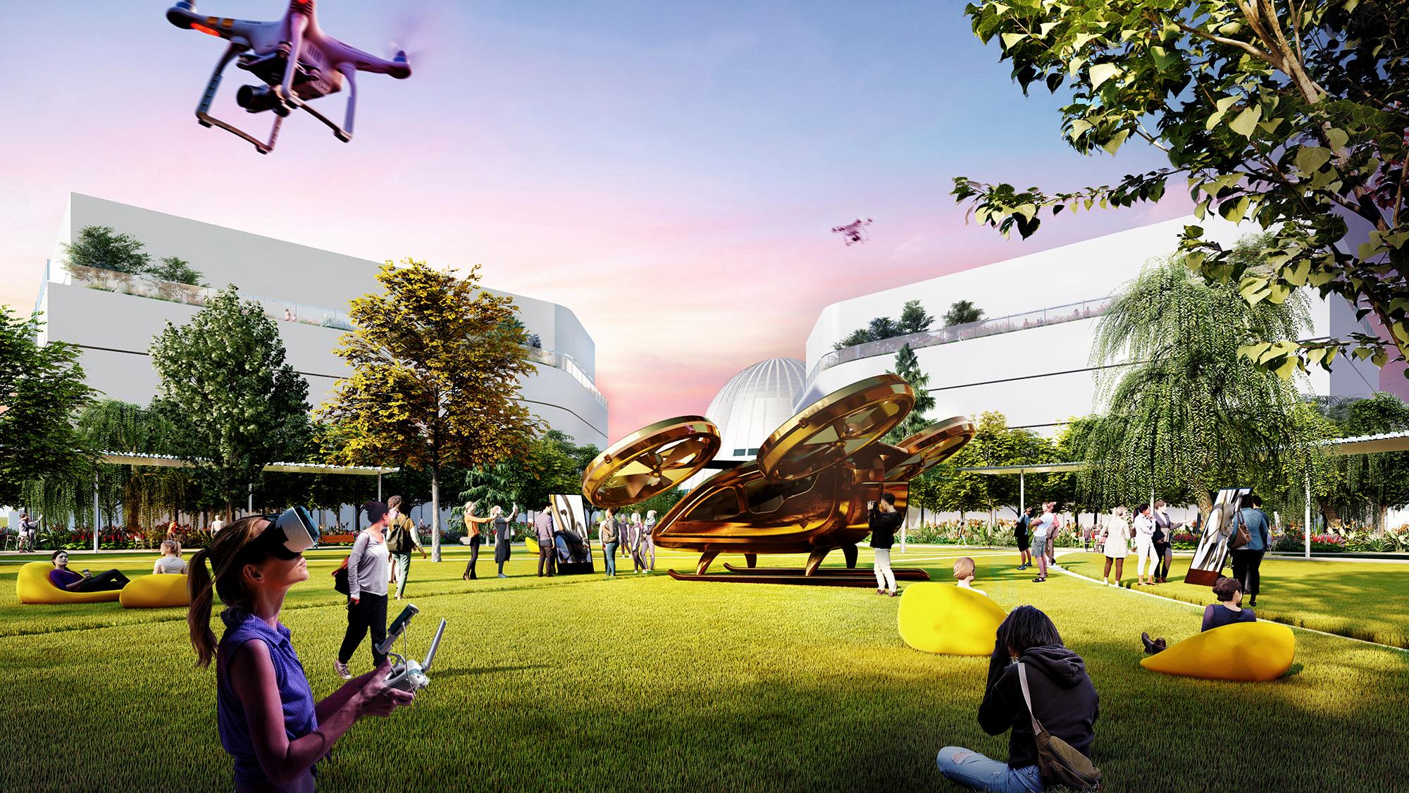 A visual rendering of how people might enjoy the campus, including flying drones and lounging