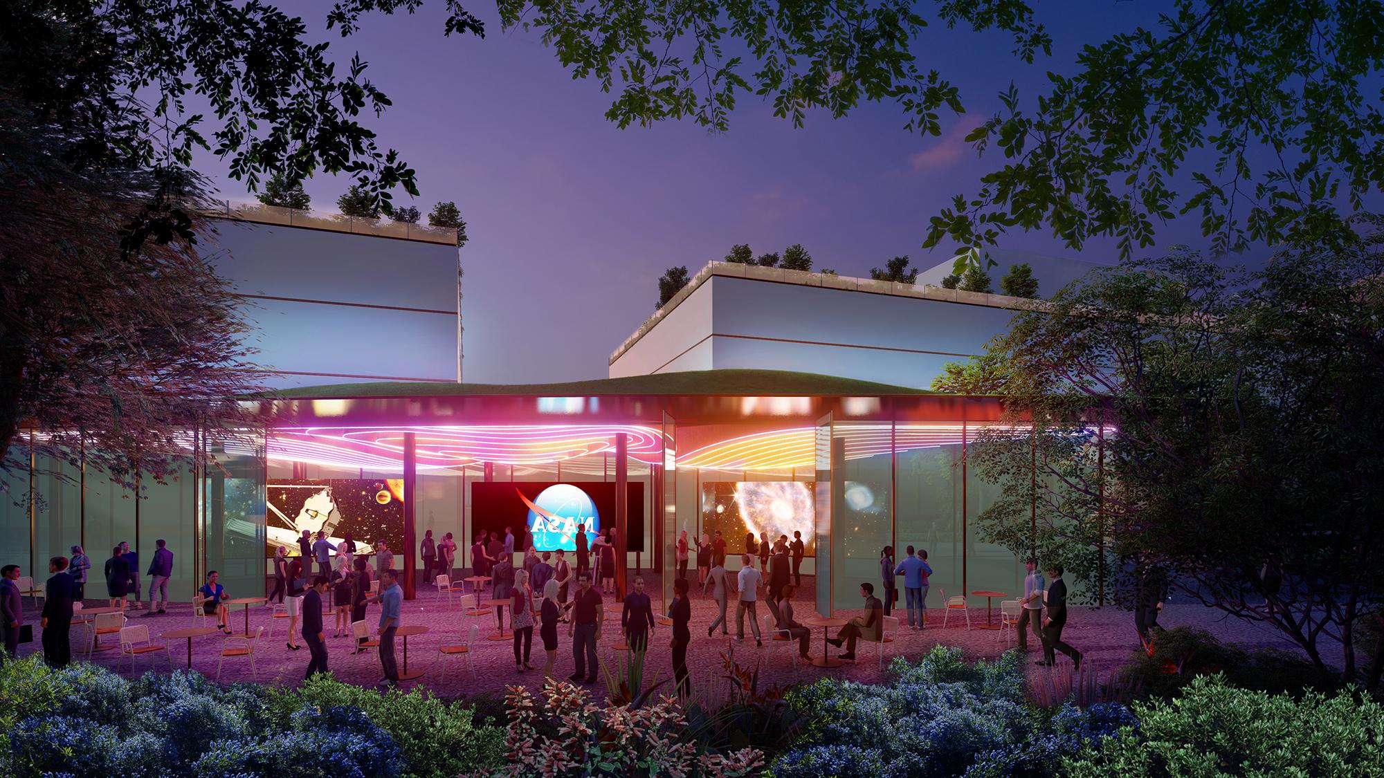 Rendering of a pavilion brightly lit in pink lights with the NASA logo in the middle