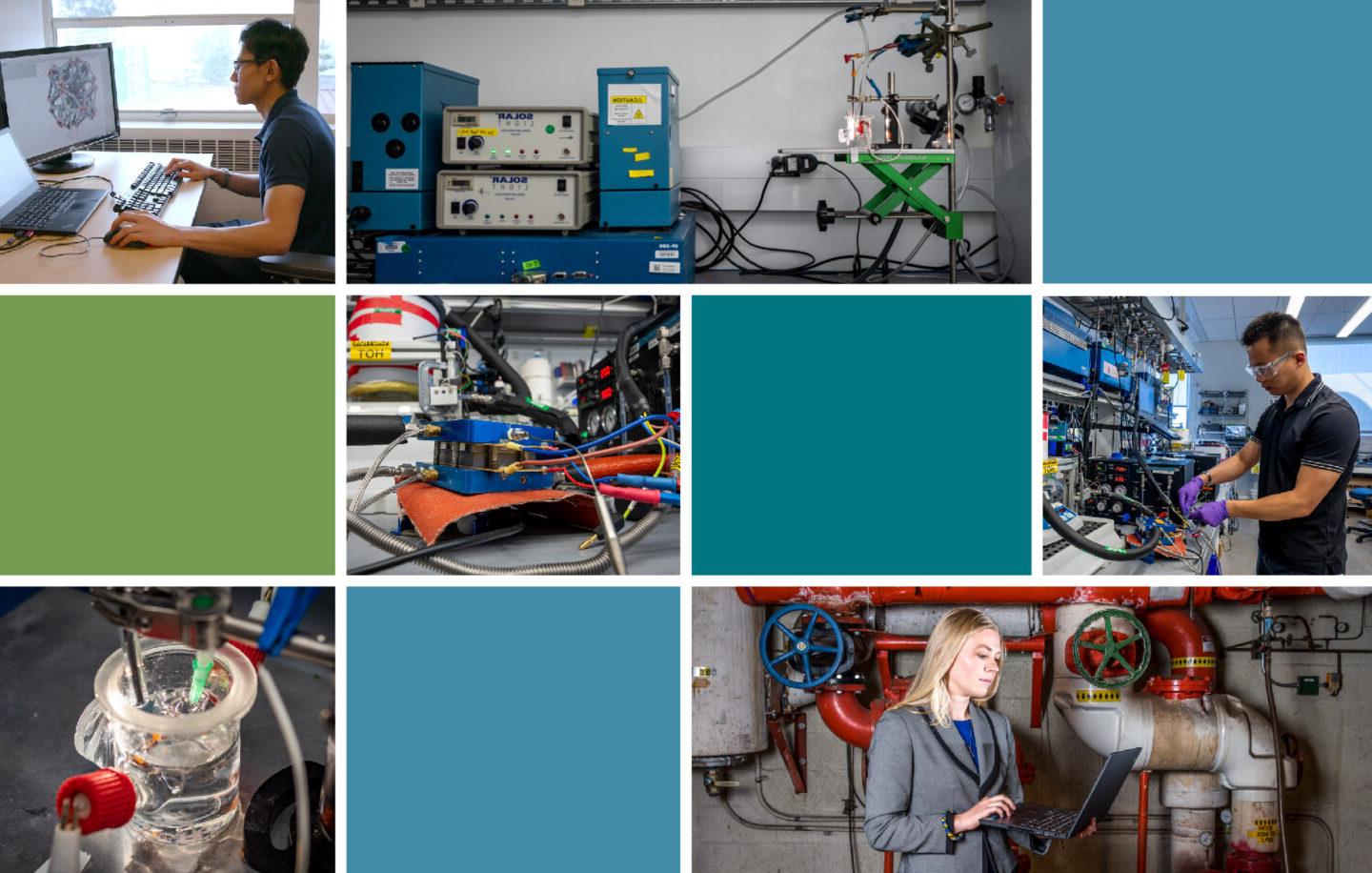 A rectangular grid with 6 pictures of researchers working on clean hydrogen projects, 点缀着蓝绿空间.