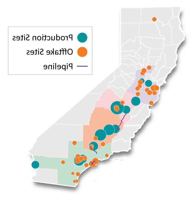 A map of California showing 位置 of 拱门 hydrogen infrastructure projects, 生产地点以青色标示, 起飞地点用橙色标记, 还有一条紫色的管道.