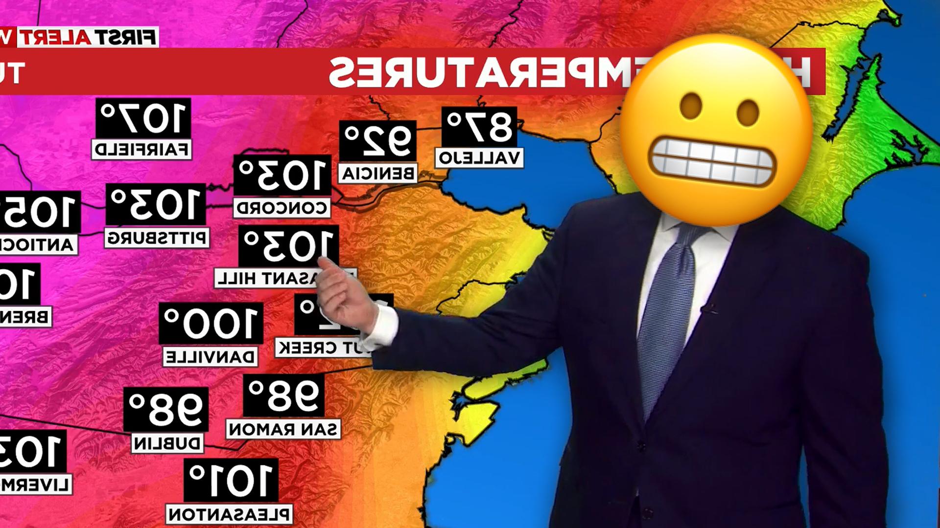 天气预报员站在热浪图前，脸上的表情符号是鬼脸