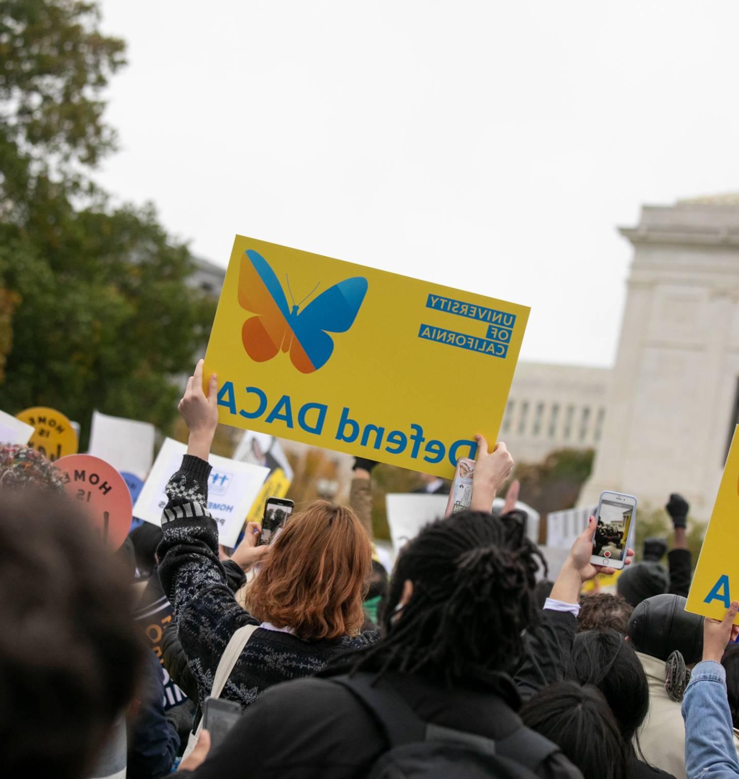 人群在空中举着“捍卫DACA”的标语。
