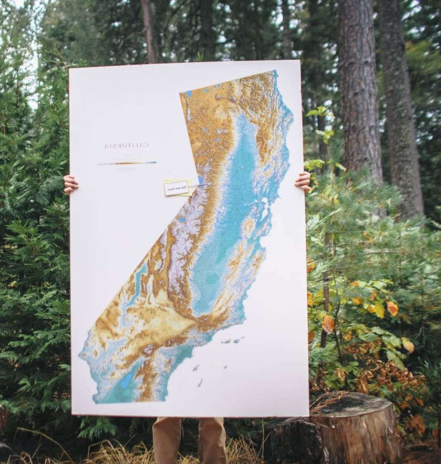 一个人在森林中央举着一张加州的大海报.