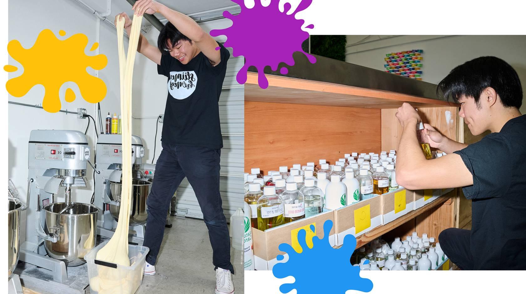 在右边, 有亚洲血统的年轻人, 马克林, looks at small bottles; on the left, 马克林 pulls the goopy substance he has created all the way up to his height in a garage; cute splatters are designed on top of the photo