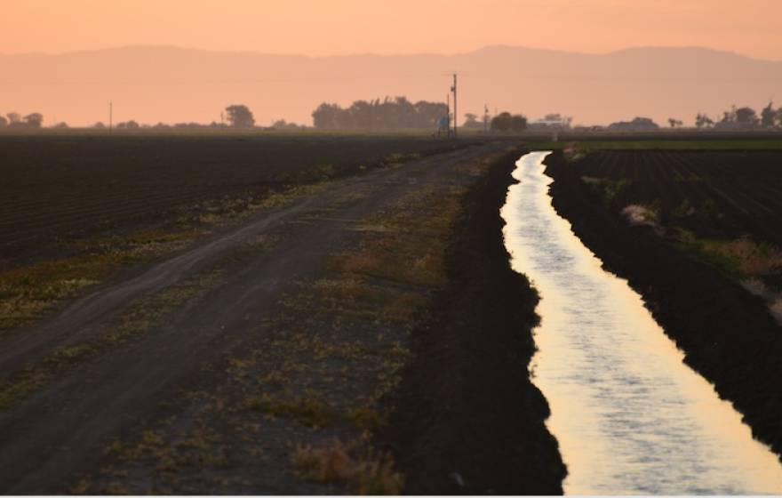 一条灌溉渠从镜头中消失了. 两边的田野都是黑暗的，运河倒映着橙粉色朦胧的天空