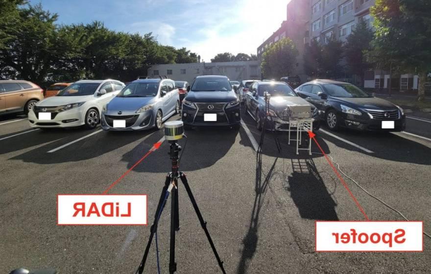 A row of parked cars with a LiDAR on a tripod and another object that looks like a grill, 被称为欺骗者, 就在车的正前方