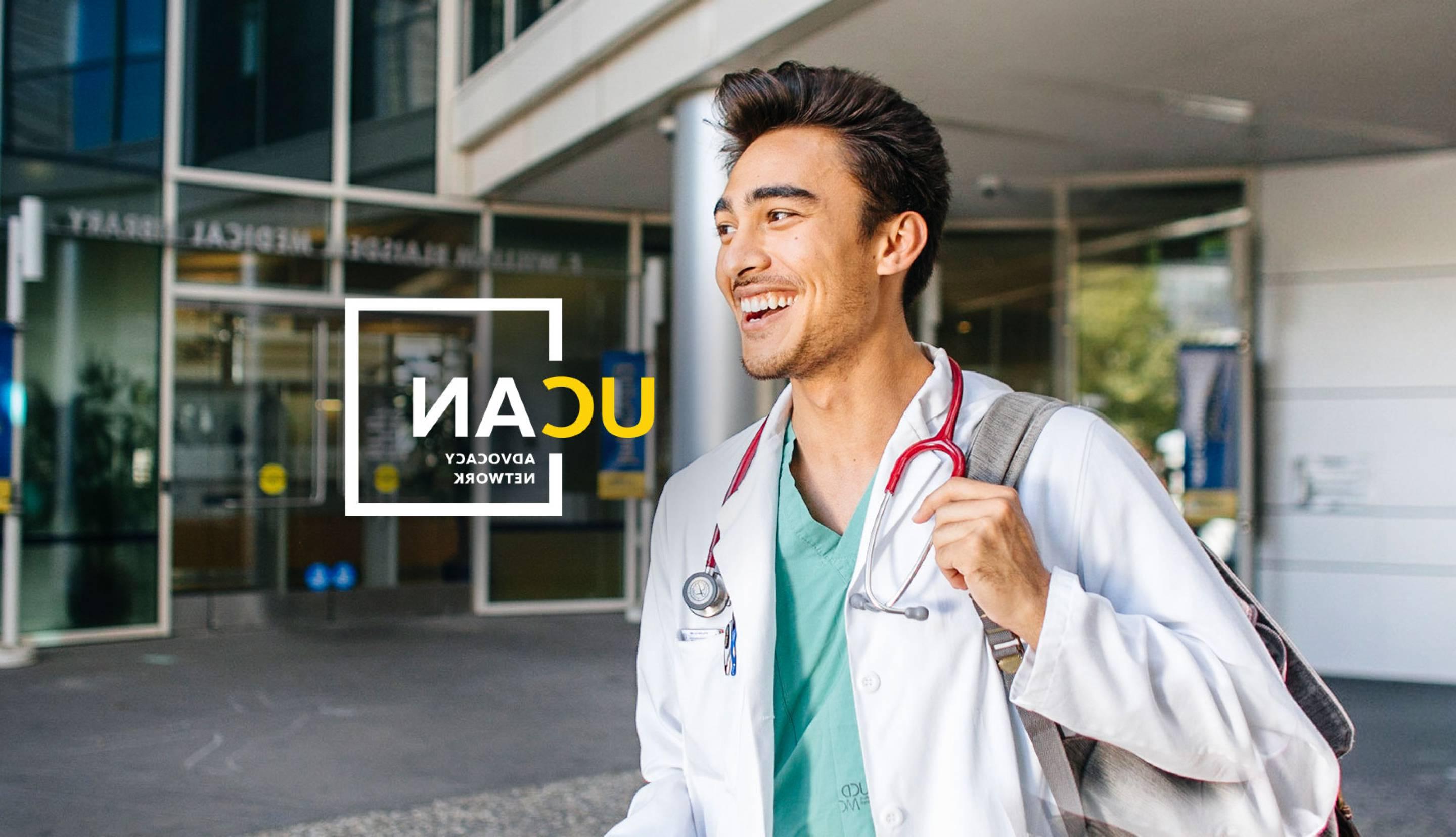 Medical student on campus with the UC Advocacy Network logo.