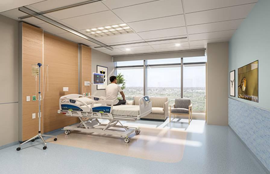 一个现代医院房间的渲染图，病人坐在床上. 