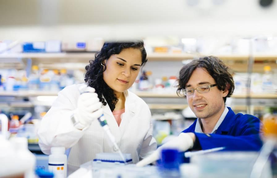 两个研究人员在实验室里，一个穿着深蓝色的实验室大褂，另一个穿着白色大褂，手里拿着移液器.