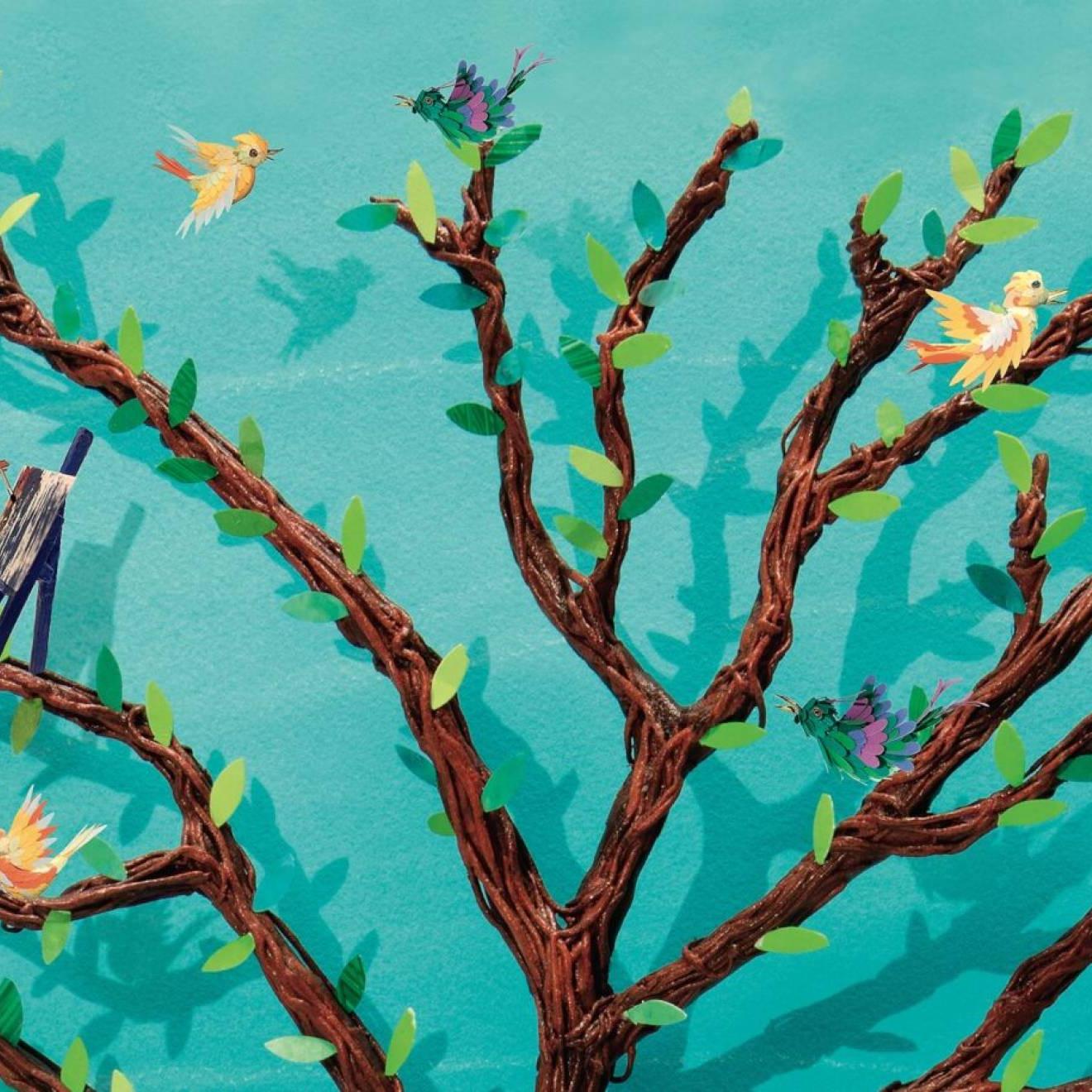 绿松石背景下一棵棕色树的插图, 树枝上有小人和小鸟
