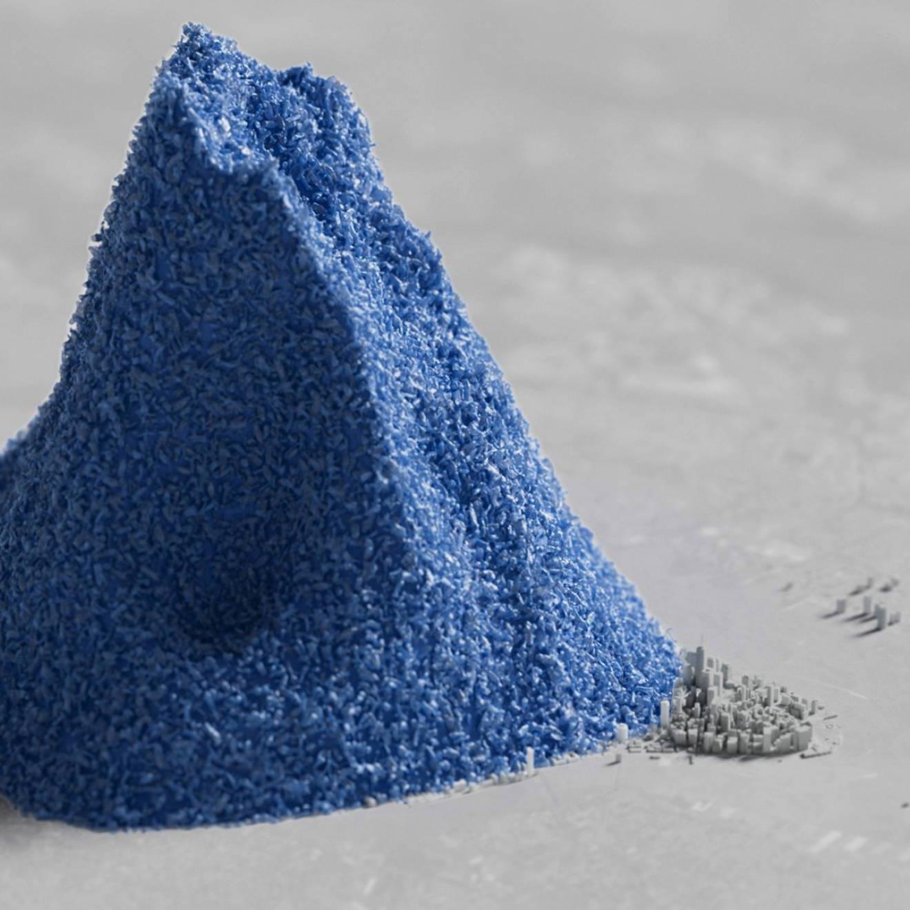 计算机生成的一堆蓝色塑料珠的图像使曼哈顿的无色3D渲染图相形见绌