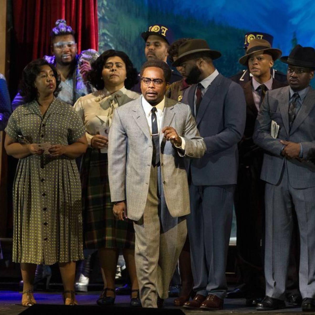 The cast of "X: The Life and Times of Malcolm X" on stage at the Metropolitan Opera, 50年代的服装