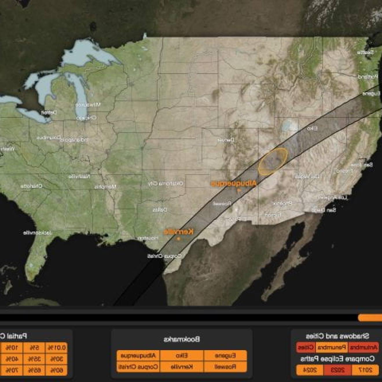 即将到来的日食经过美国的路径图