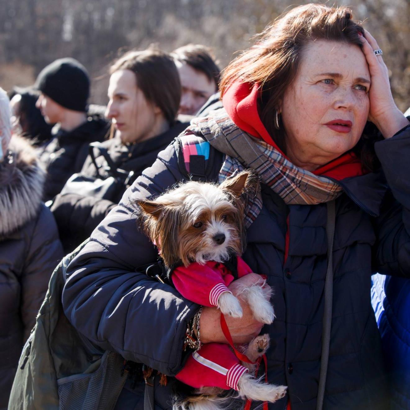 一群乌克兰难民穿着冬衣站在外面, 一位中年妇女抱着一只小狗在前面