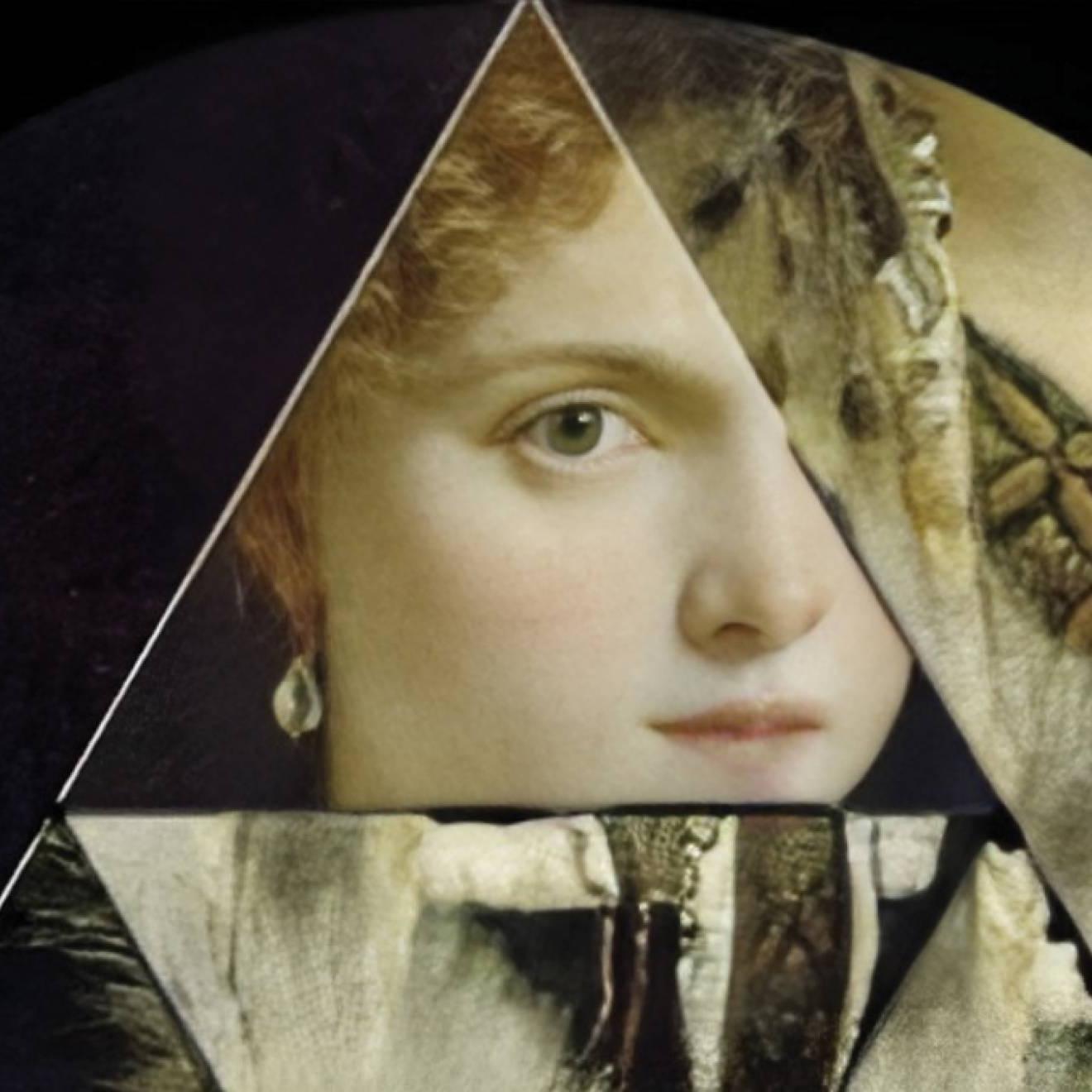 一幅重新排列的文艺复兴时期绘画的马赛克，中间是一个白人妇女的脸